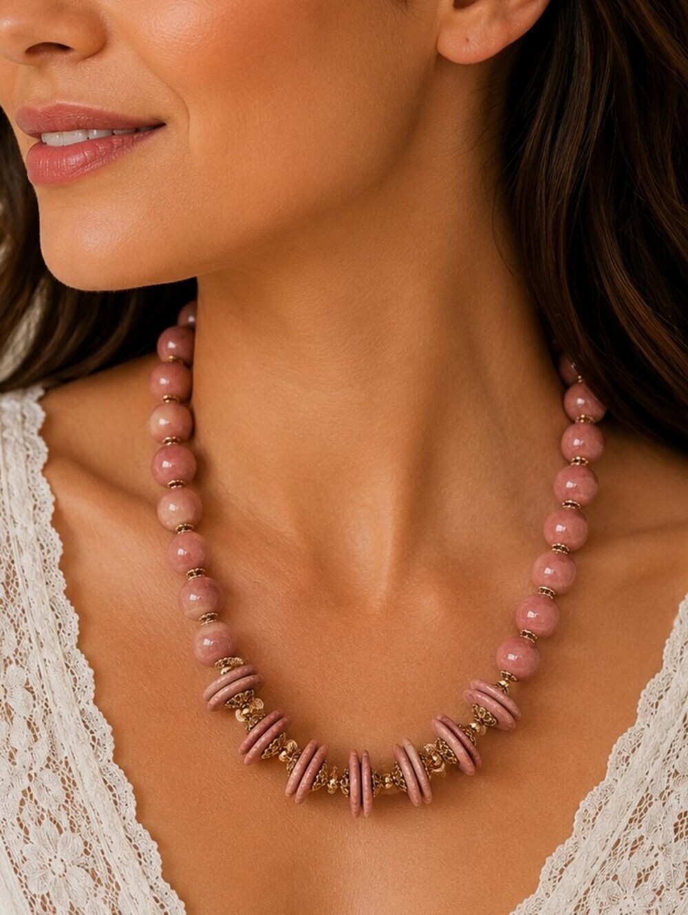 Vintage 1980s Pink Ceramic Beaded Statement Necklace